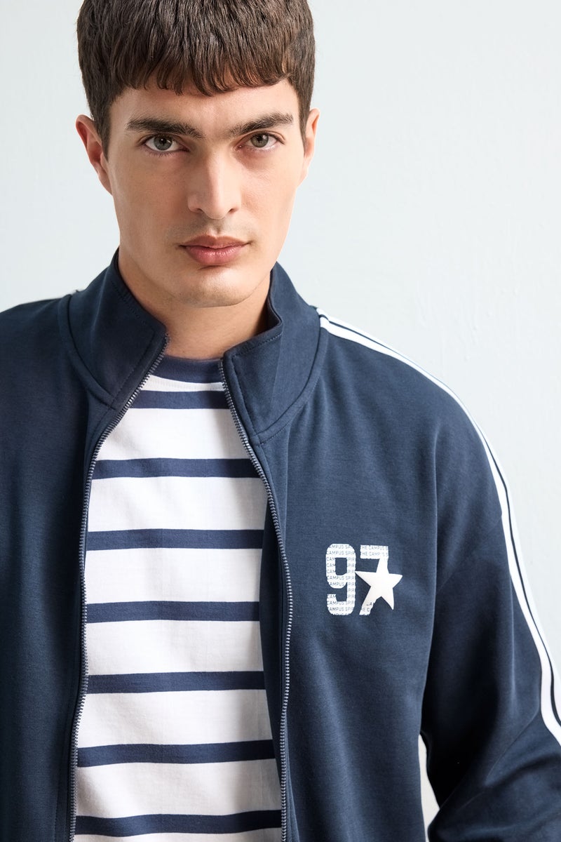 DeFacto Blue Man Boxy Fit Printed Zippered Sweatshirt Casual - Image 3